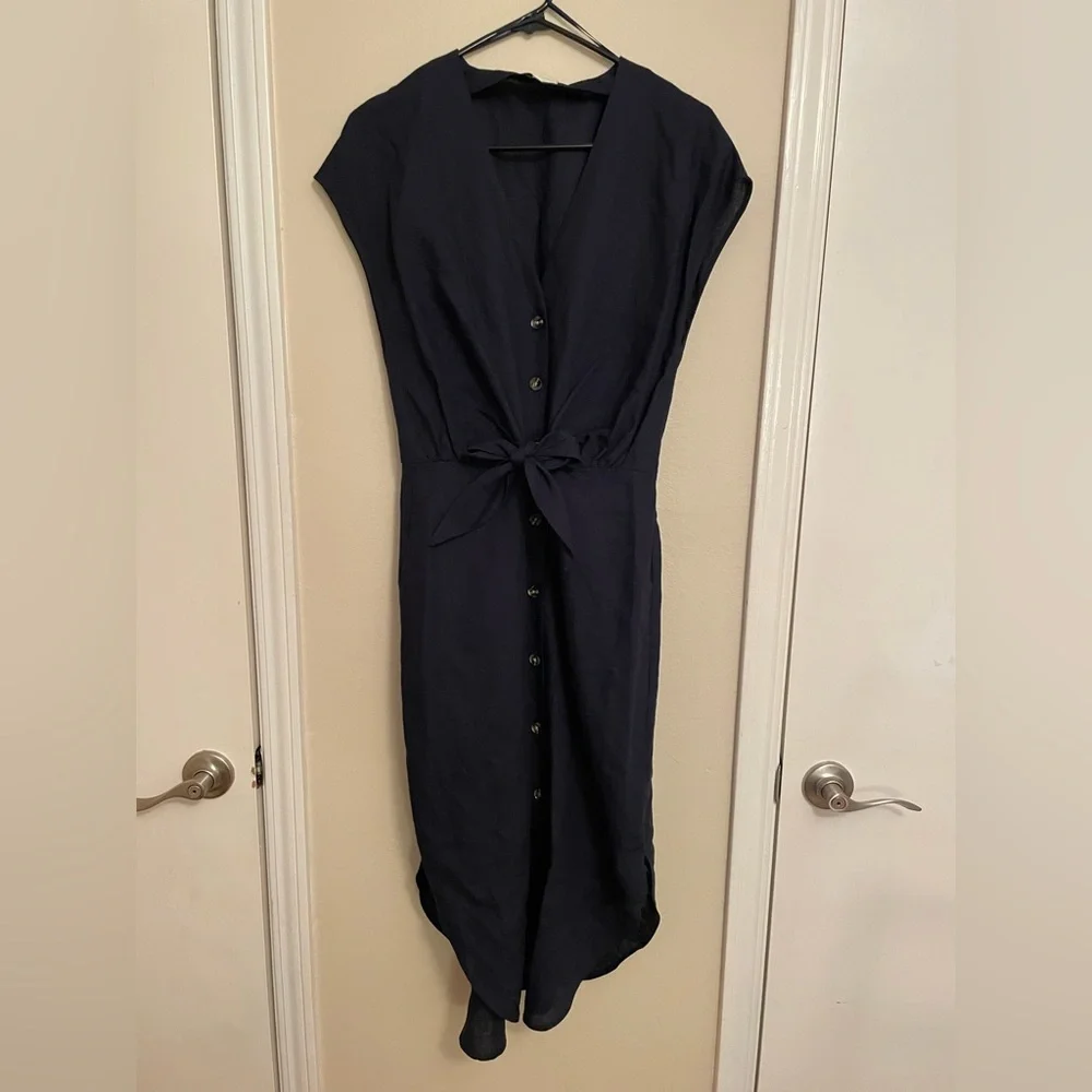 Witchery navy front tie linen midi navy dress size 10